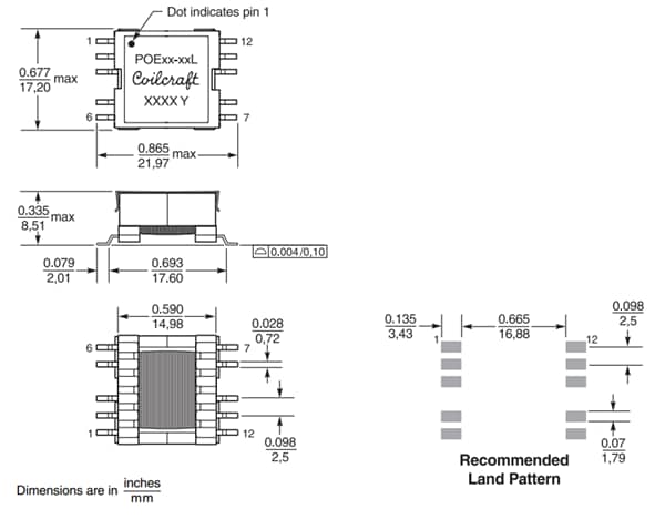 Mechanical Drawing - Coilcraft PoExxF Flyback Transformers