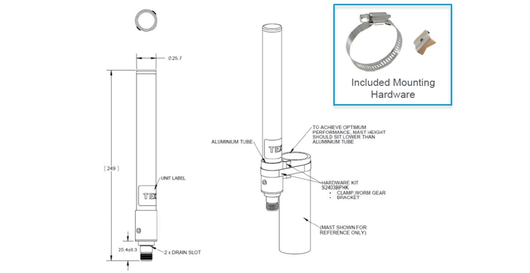 Mechanical Drawing - TE Connectivity OC69421 4G/5G, C-Band, CBRS Multiband Omni Antenna