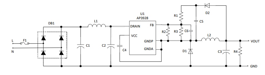 Application Circuit Diagram - Diodes Incorporated AP3928 Universal AC Step Down Power Switcher
