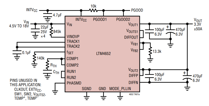 應用電路圖 - Analog Devices Inc. LTM4652 µModule®穩壓器