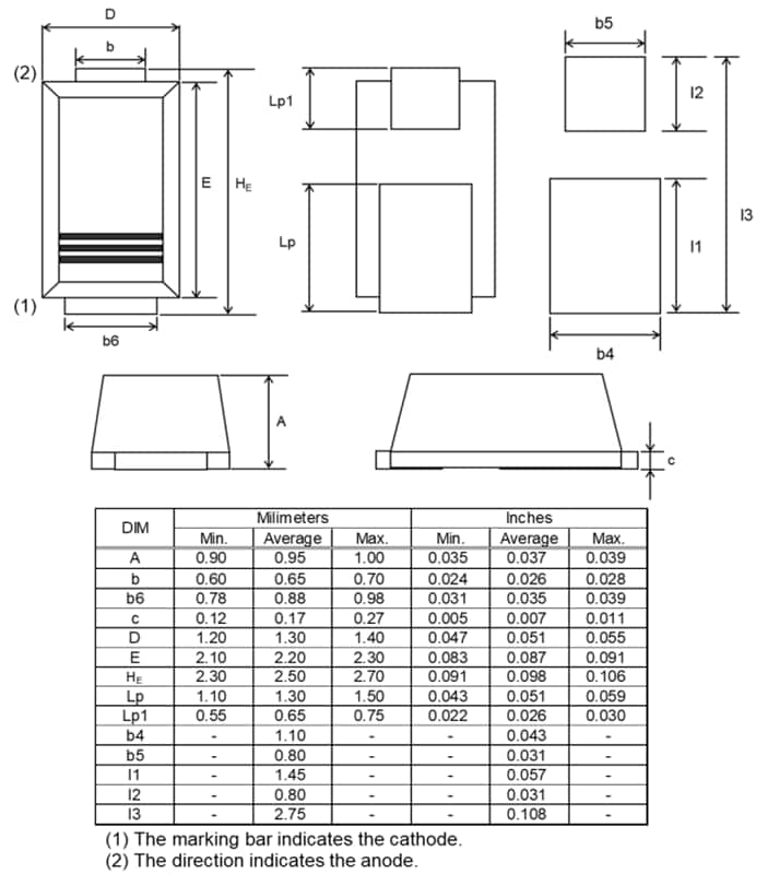Mechanical Drawing - ROHM Semiconductor JMZV8.2B 5mA Zener Diodes