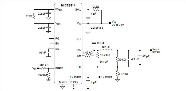 Microchip MIC28514T-E/PHA Voltage Regulator Typical Application Circuit