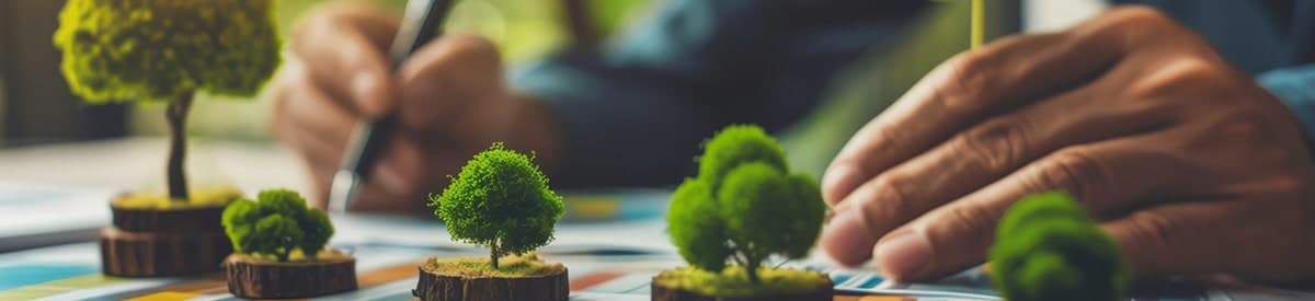 一個人正在書寫文件，小盆栽擺在桌子前面。